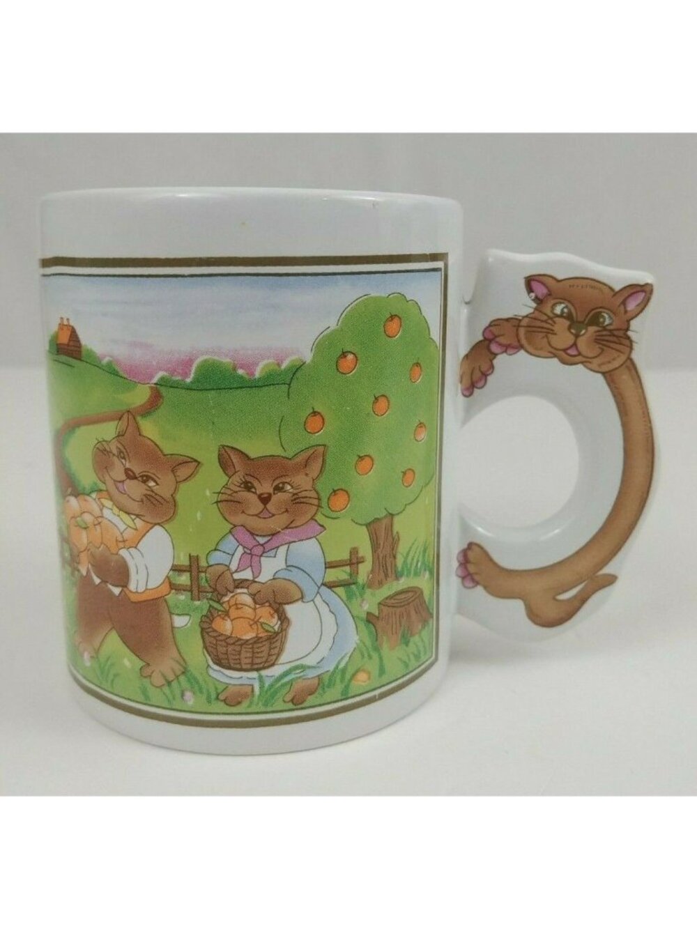 Peach Harvesting Cat Family 3.75" Coffee Cup Mug